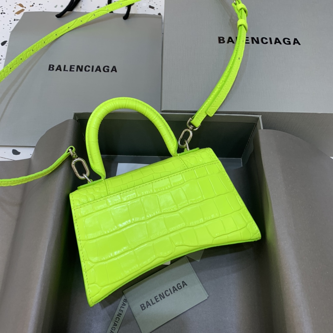 Balenciaga Hourglass XS Handbag Crocodile Embossed Shoulder Bag Lemon Yellow